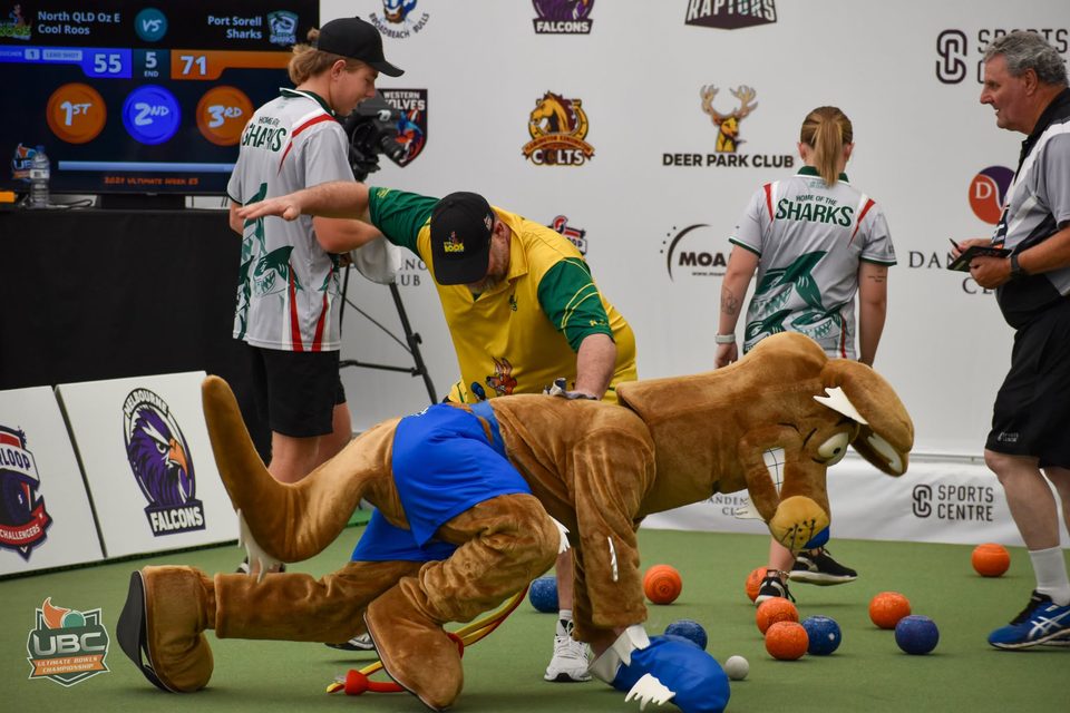 Kangaroo mascot crawling across the rink among the bowls as players look on